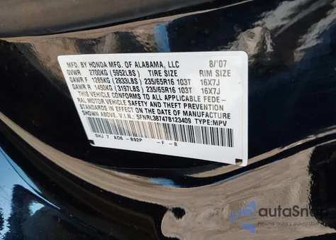2007 Honda Odyssey Ex-L from USA, damaged, VIN 5FNRL38747B123409